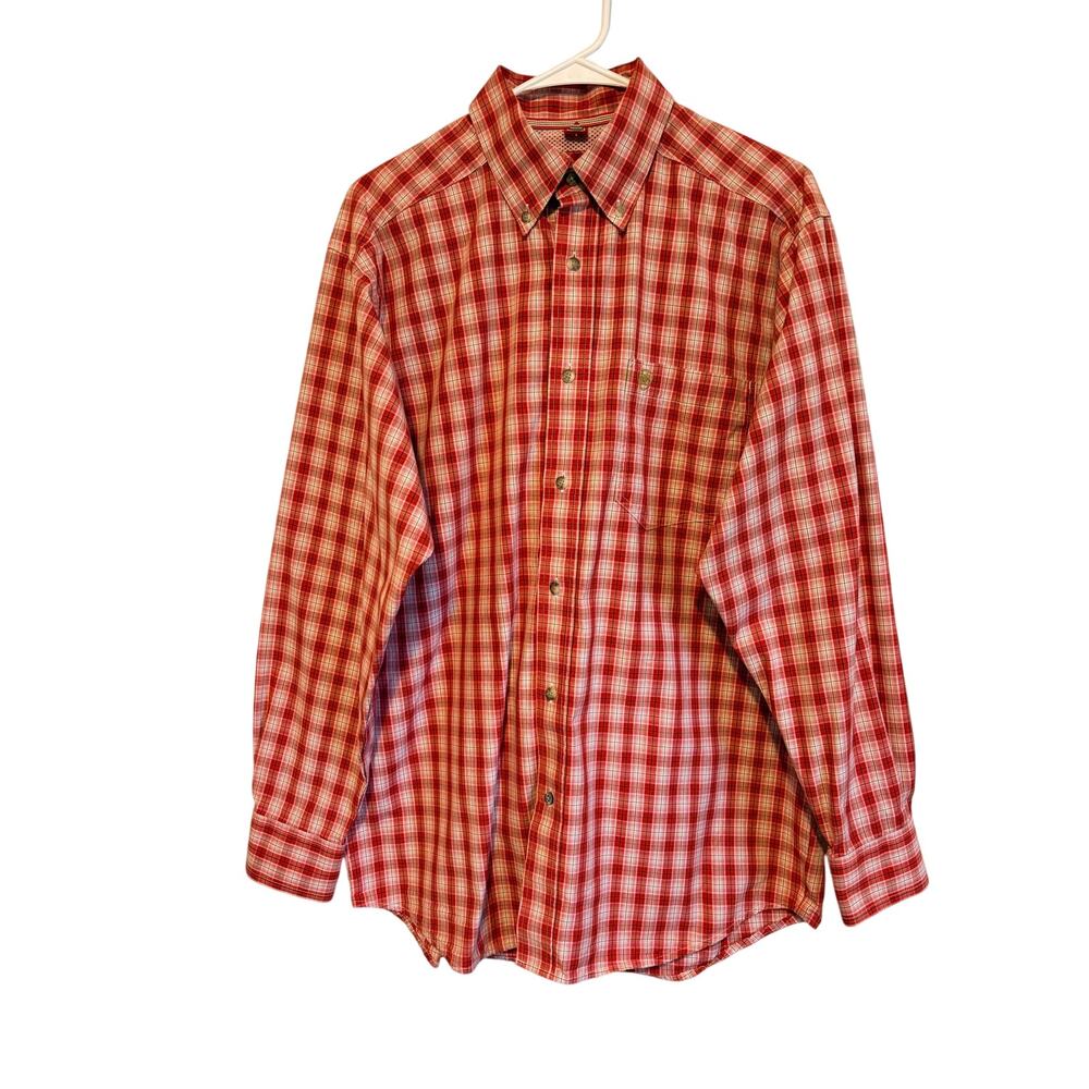Ariat Pro Series Red Plaid Button Down Shirt Logo Pocket Men's Medium Western